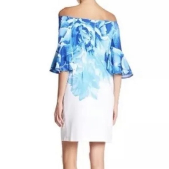 Donna Ricco NWT Blue White Floral off-shoulder bardot flare sleeve dress 8 - Picture 2 of 4